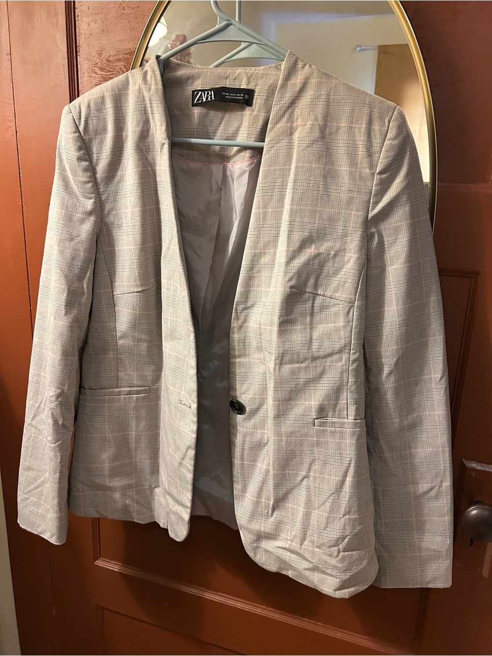 Zara Blush Pink and Light Gray Plaid Blazer